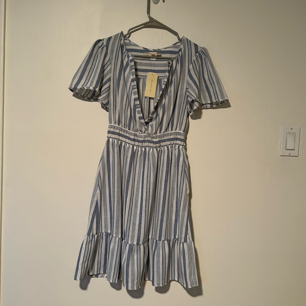 Monteau Blue Ruffled Midi Dress Striped